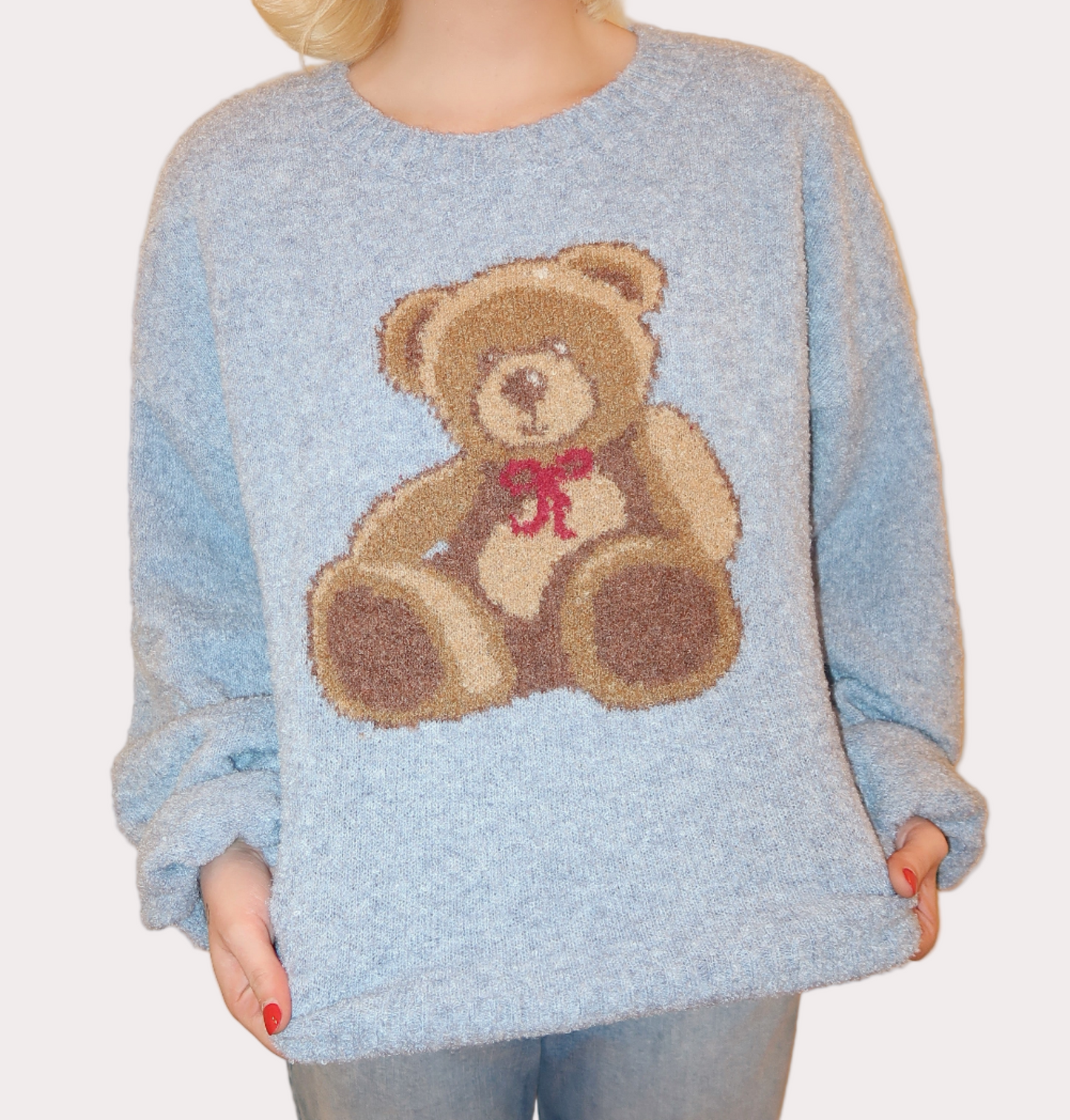 Teddy Bear Graphic Cozy Sweater Knit Top