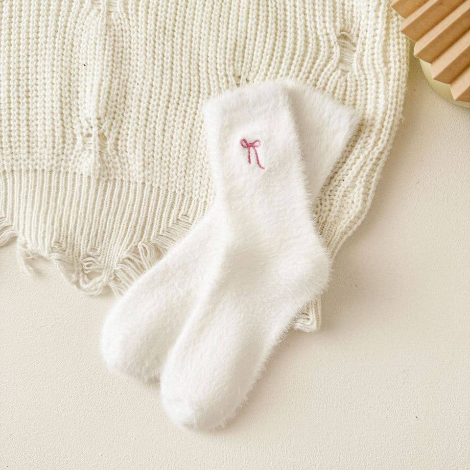 Winter Bow Embroidered Thick Plush Crew Socks