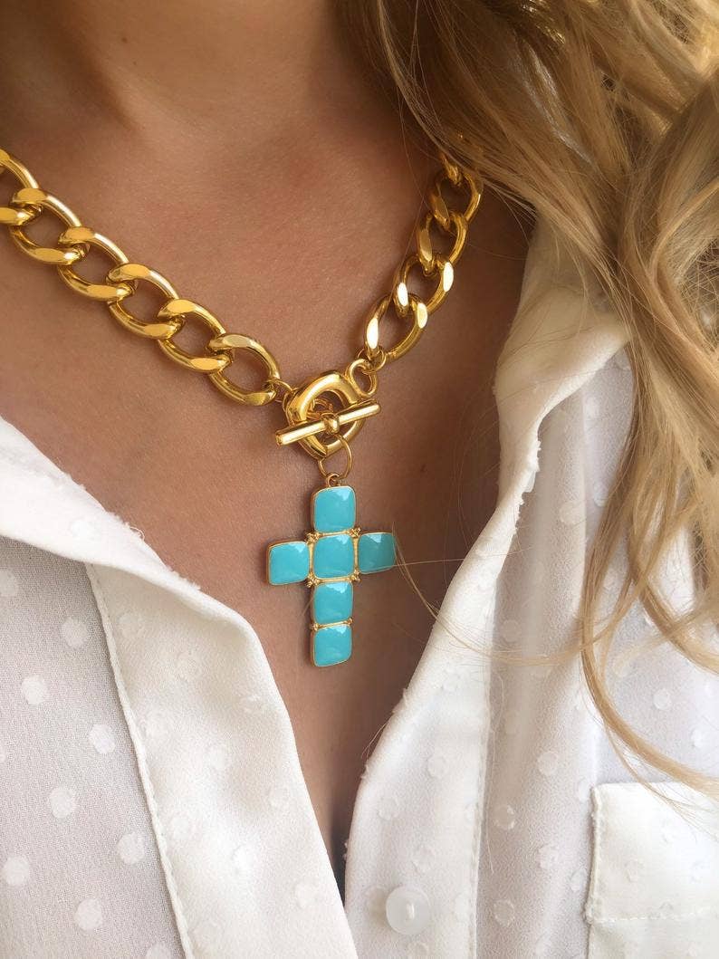 Gold Cross Necklace with Turquoise Stones