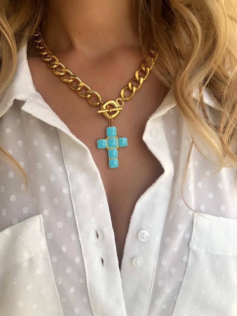 Gold Cross Necklace with Turquoise Stones
