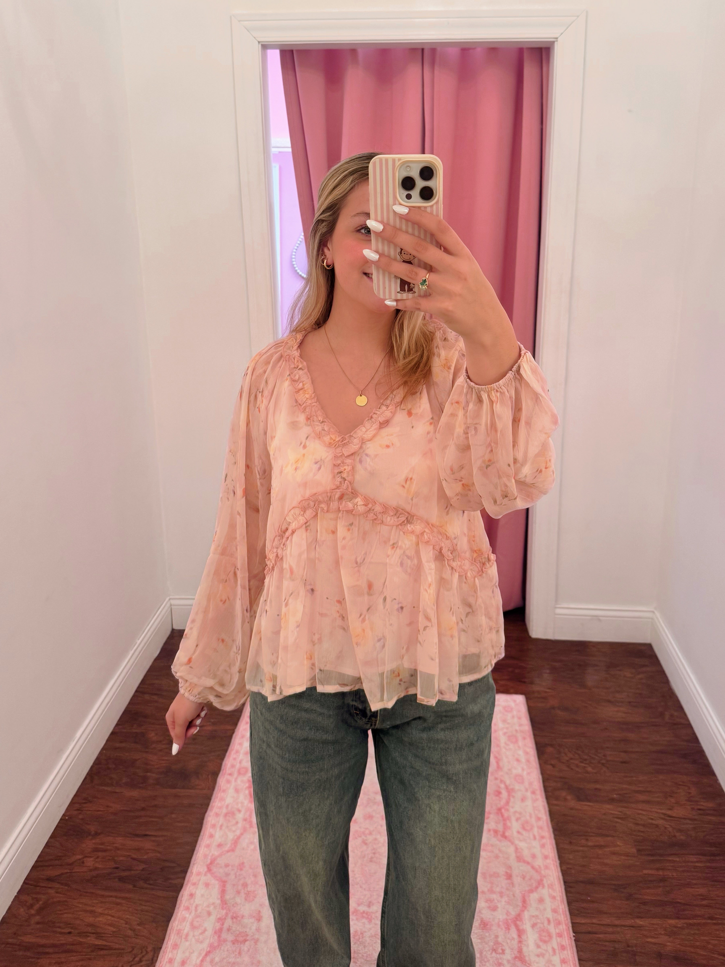 Floral Print V-Neck Long Sleeve Top