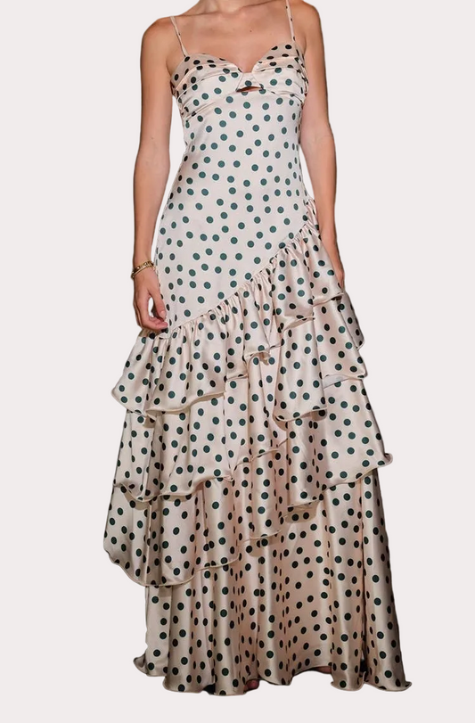Satin Polka Dot Tiered Ruffle Maxi Dress