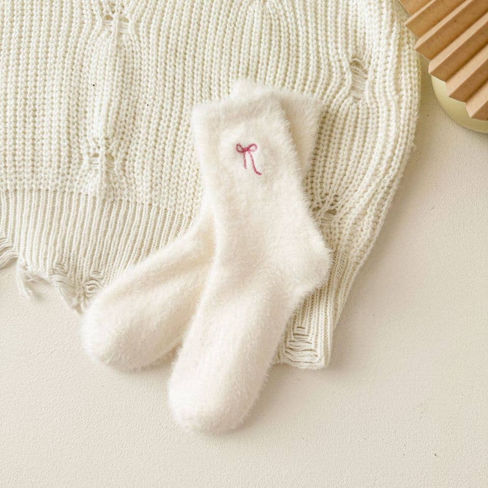 Winter Bow Embroidered Thick Plush Crew Socks