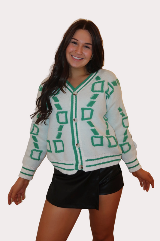 Sleek Green Patterned Loose Cardigan