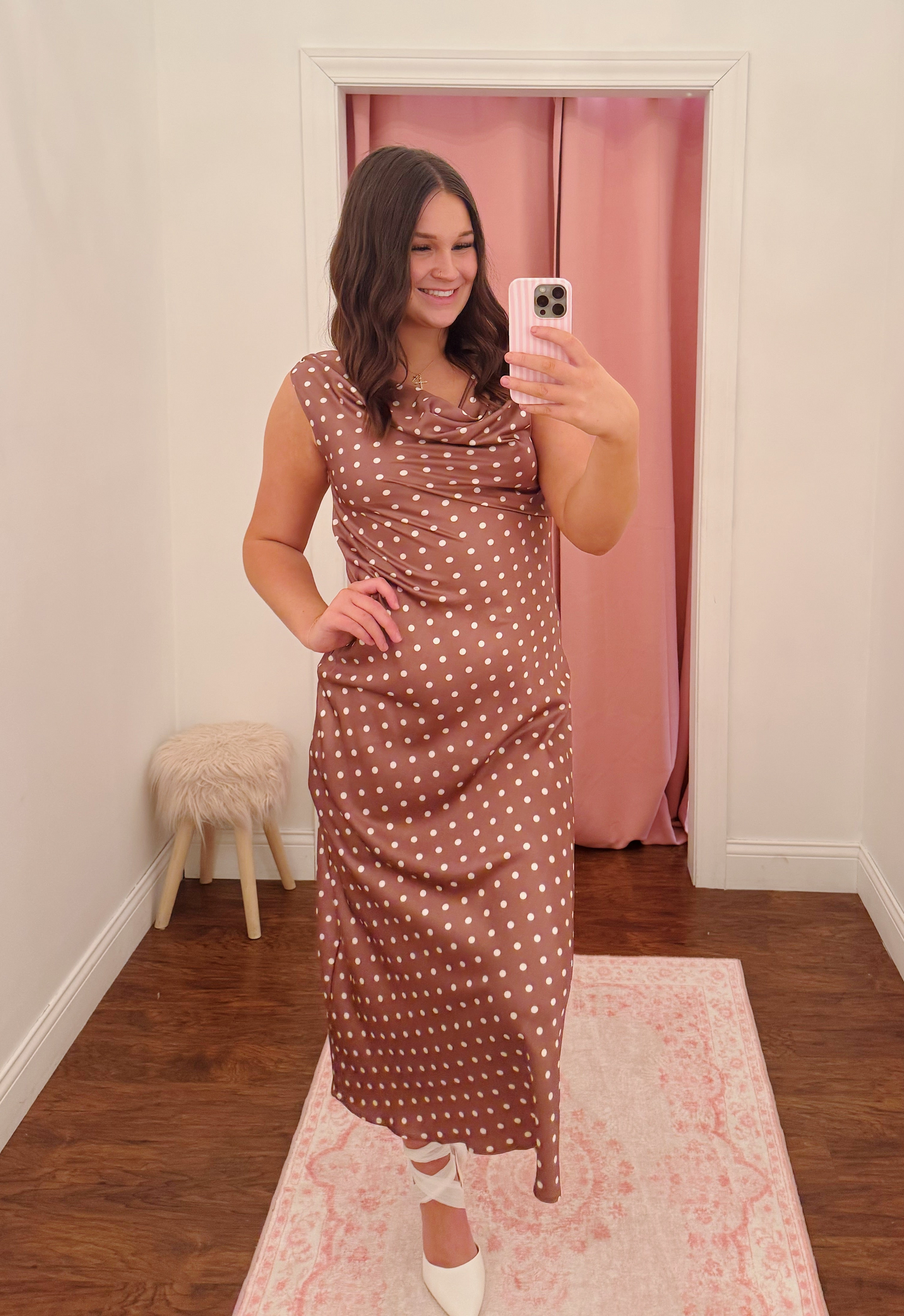 Satin Polka Dot Cowl Neck Maxi Dress