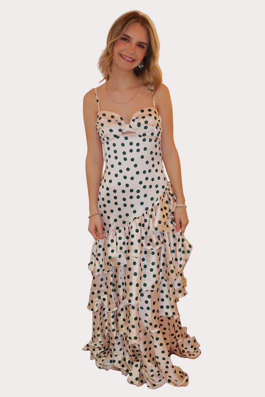 Satin Polka Dot Tiered Ruffle Maxi Dress
