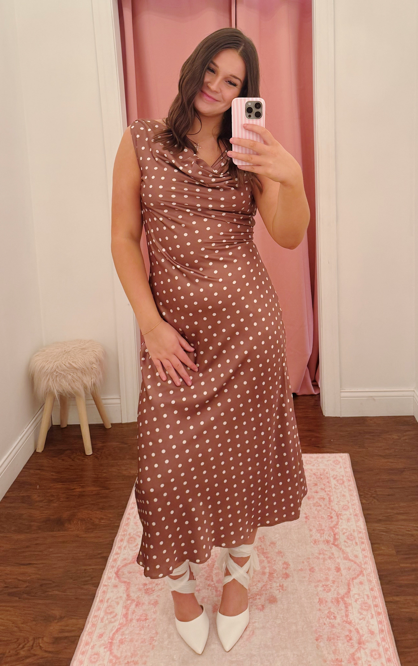 Satin Polka Dot Cowl Neck Maxi Dress
