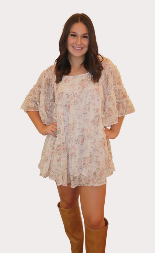 Woven Polyester Chiffon Floral Flare Mini Dress