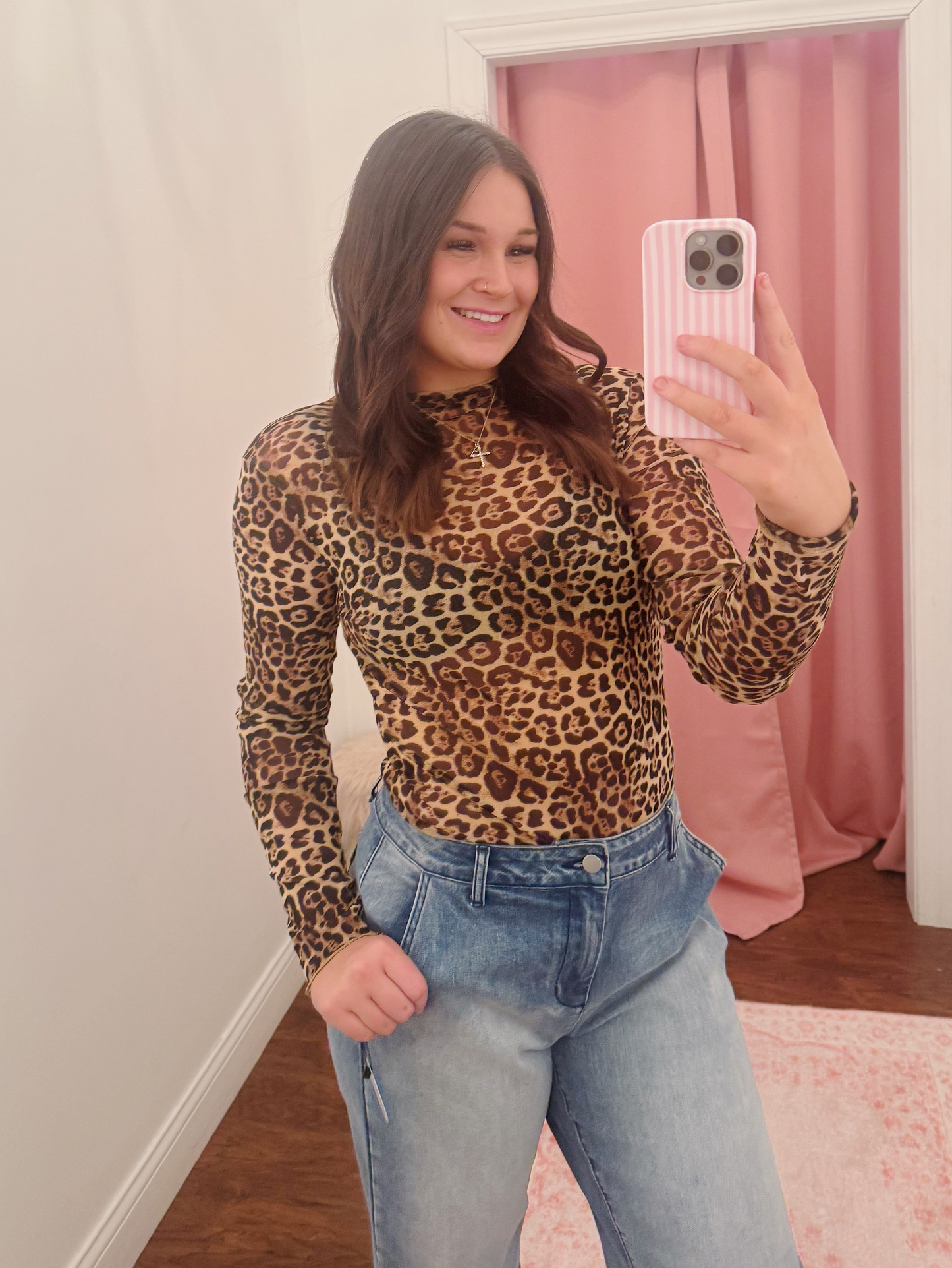 High Neck Fitted Sheer Mesh Lace Knit Top