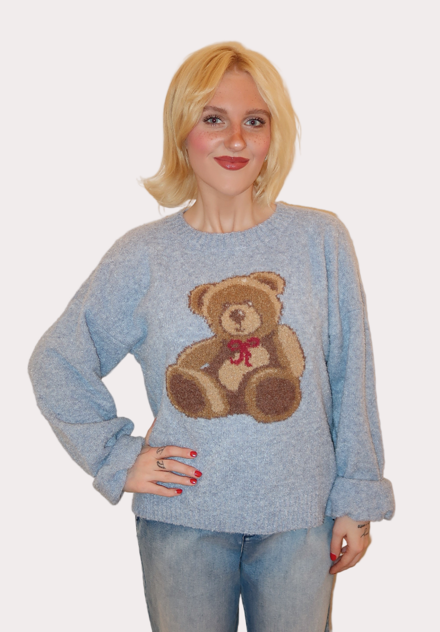 Teddy Bear Graphic Cozy Sweater Knit Top