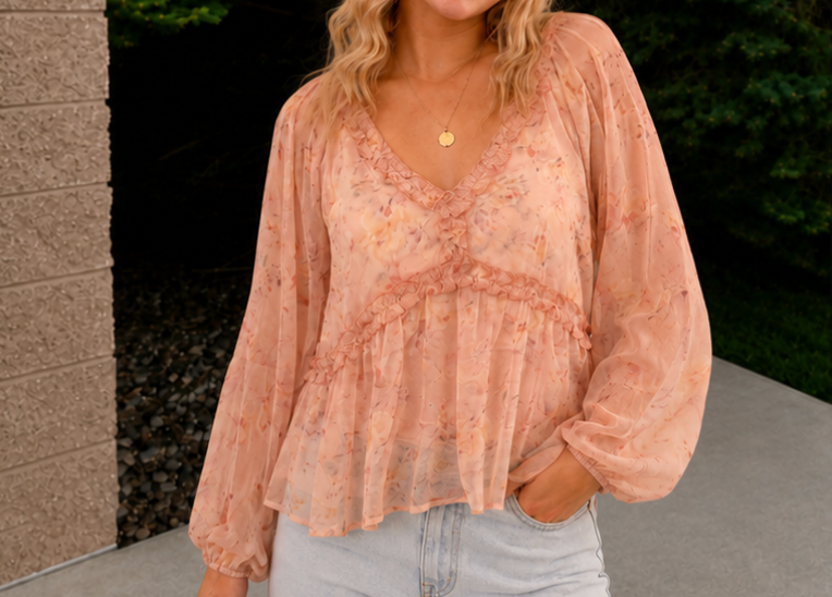 Floral Print V-Neck Long Sleeve Top