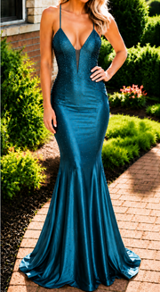 Jovani 47151A Teal Satin Mermaid Gown