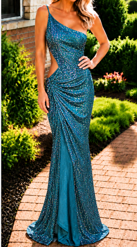 Aqua Stardust One-Shoulder Gown