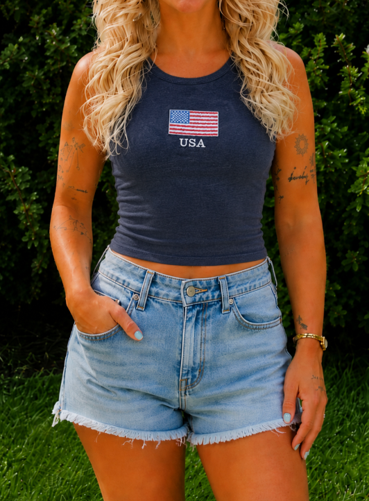 USA Embroidered Cropped Tank Top