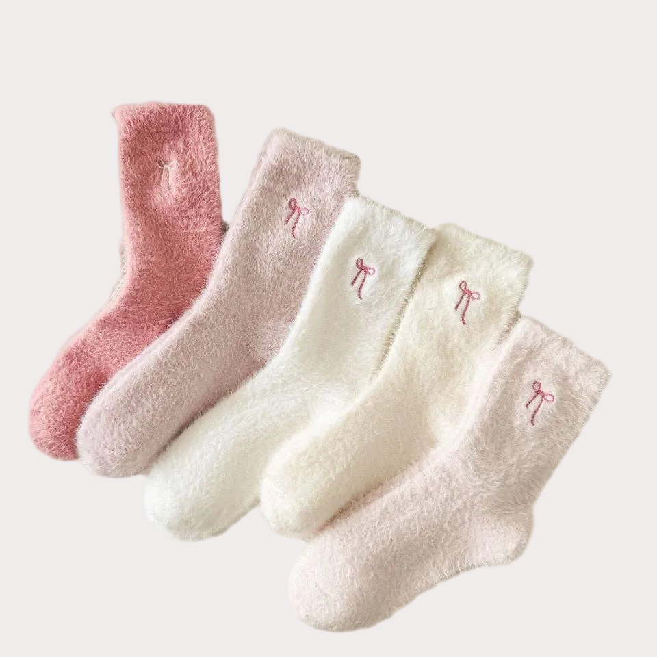 Winter Bow Embroidered Thick Plush Crew Socks