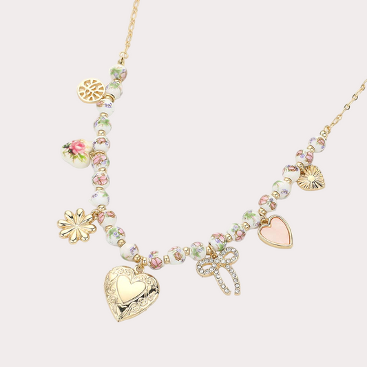 Floral Heart Pearl Heart Locket Charm Station Necklace