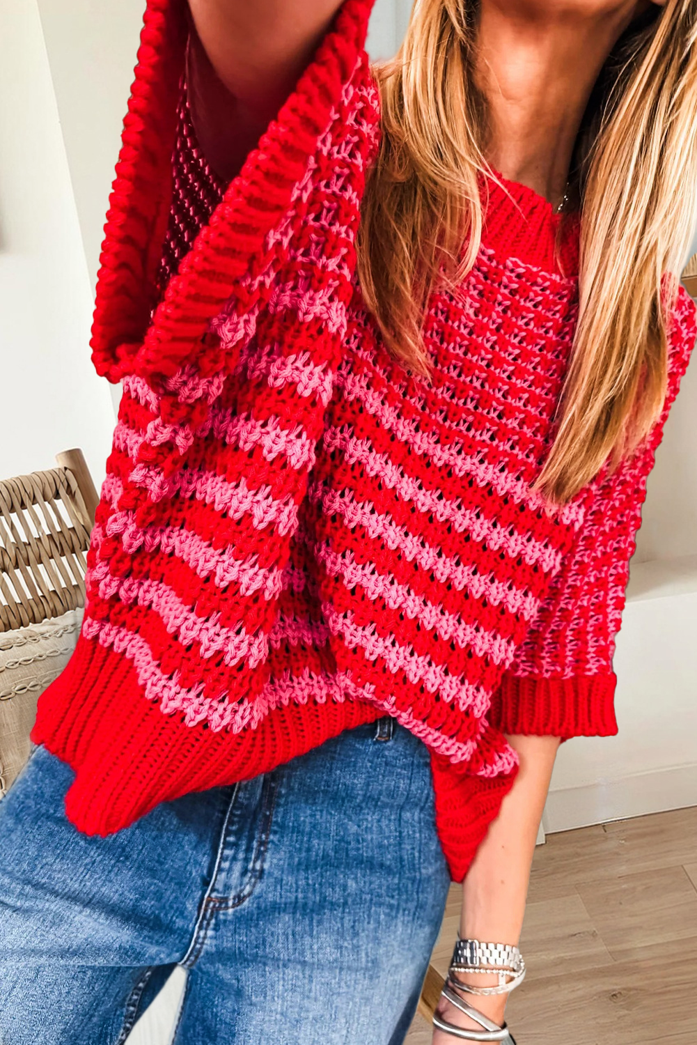 Stripe Draped Sleeve Slouchy Sweater