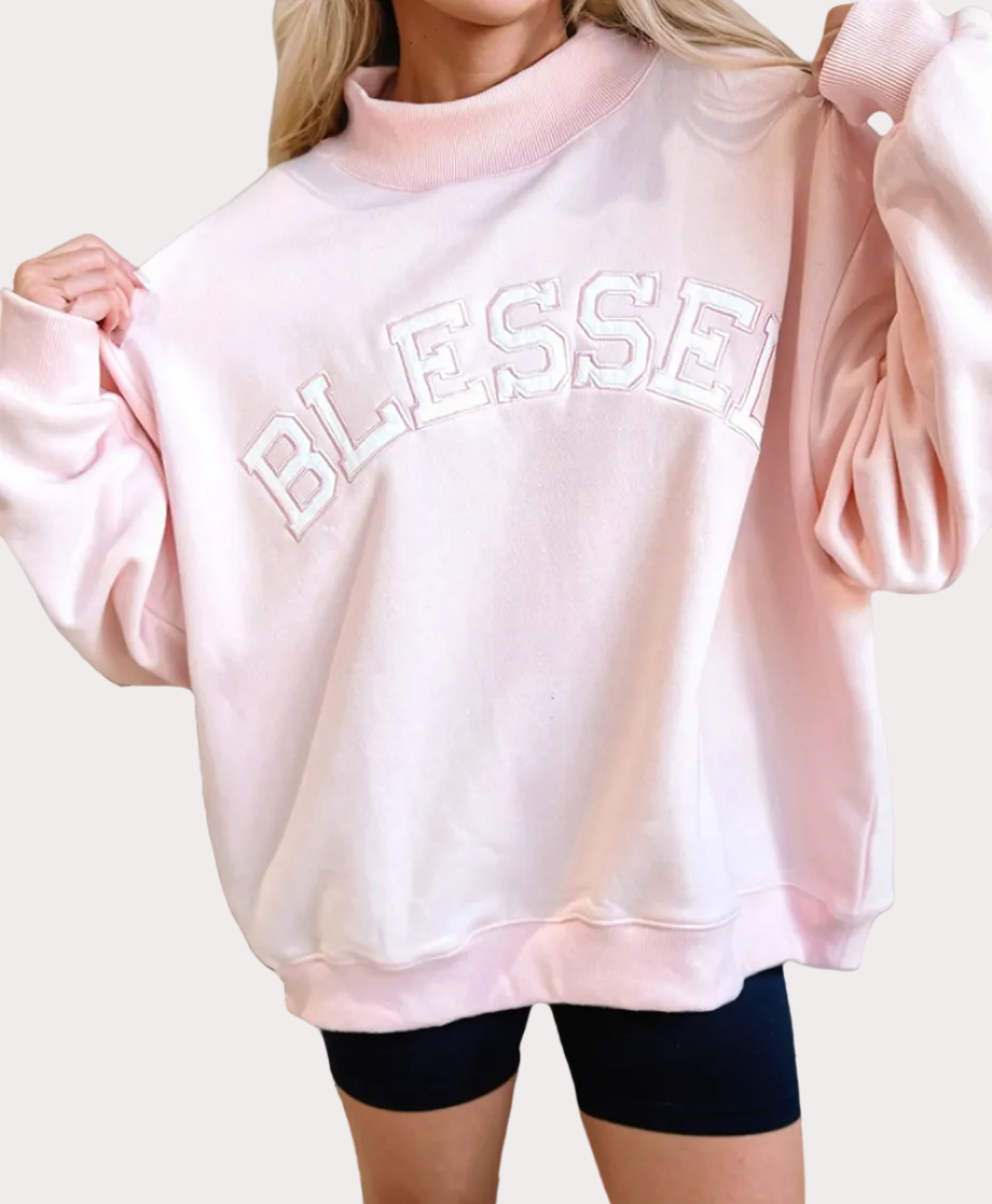 Oversize Blessed Embroidered Mock Neck Sweatshirt
