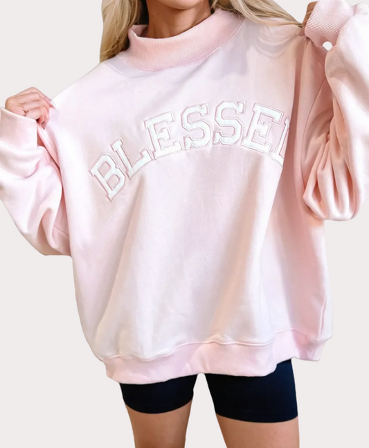 Oversize Blessed Embroidered Mock Neck Sweatshirt
